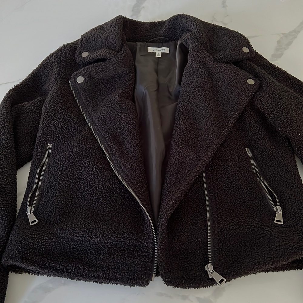 Max Studio Women’s Asymmetrical Teddy Black Faux Fur Cozy Moto Jacket. Size S.